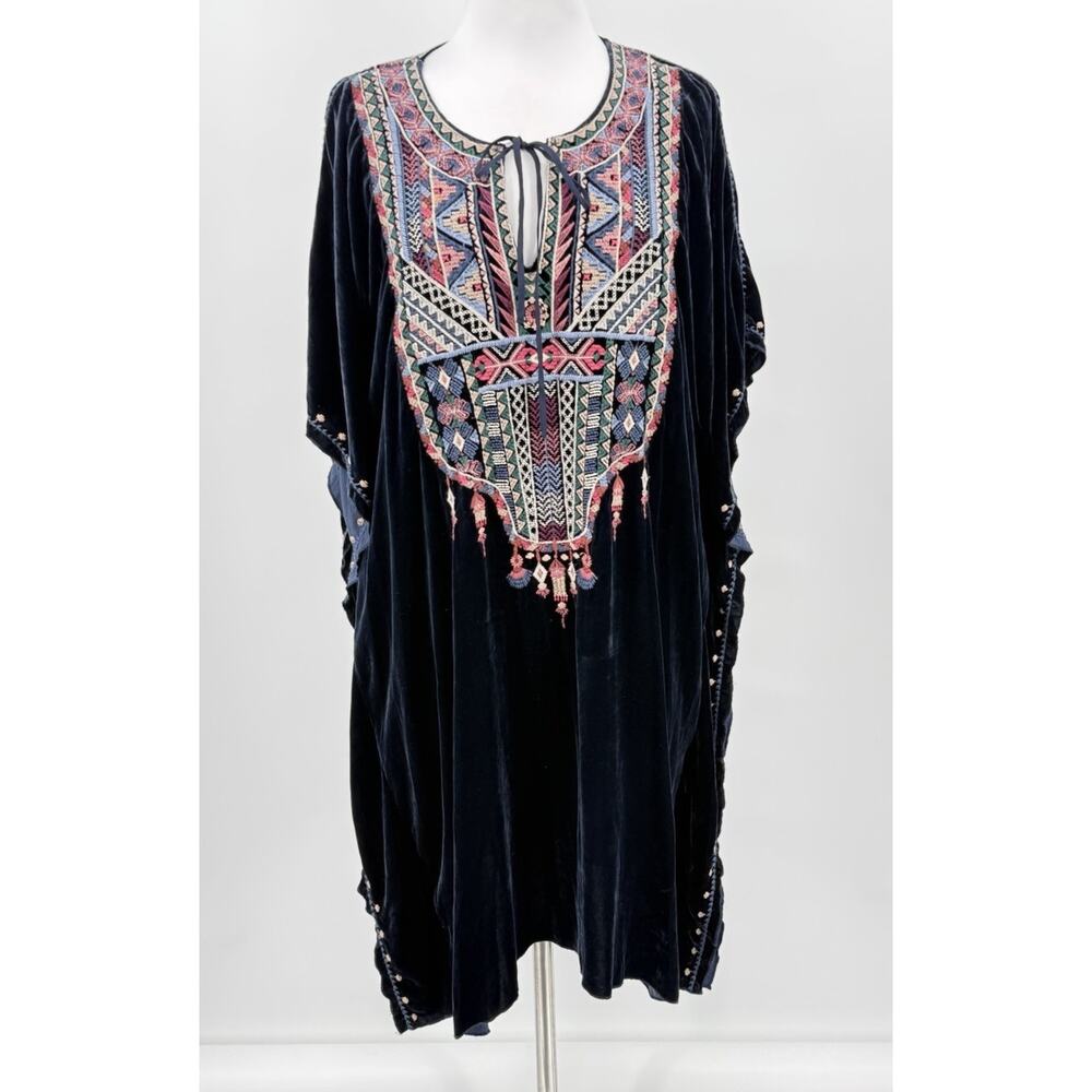 Johnny Was Dress Floral Embroidered Blue Velvet Effortless Kaftan Dress Large